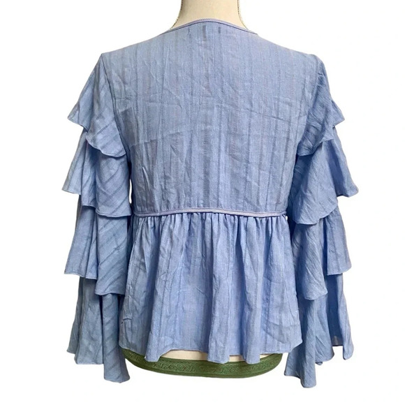 English Factory Blue Pom Pom Tie Top Tiered Sleeve Blouse Size Small - Picture 12 of 16